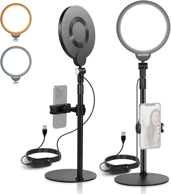 NEEWER BASICS 2-pack 7" bordsringlampor för videoinspelning, 10W dimbar fullskärmsbelysning med bordsstativ och telefonhållare för iPhone, dator, laptop, vlogg, streaming och videokonferenser, R06 — Mobil och surfplatta