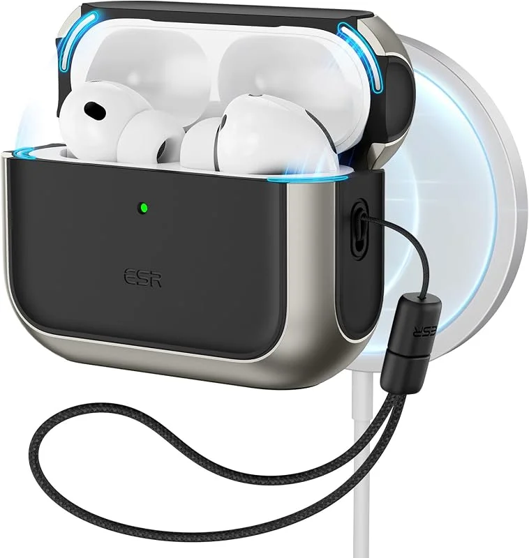 ESR fodral för AirPods Pro 3, kompatibelt med AirPods Pro 3. Generation (2025), MagSafe-kompatibel, fullt skydd med handslinga, titan — Mobil och surfplatta