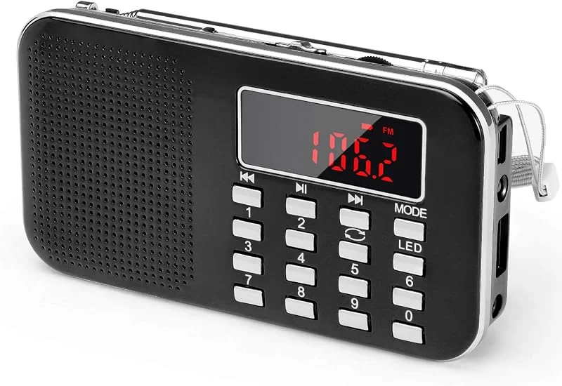 PRUNUS J-908 Bärbar Uppladdningsbar FM, AM (MW) Radio, Digital Bärbar Radio, MP3-musikspelare, Stöder USB, AUX, TF-kort, Med Nödlantern (Svart) — Portabel digital och ljud