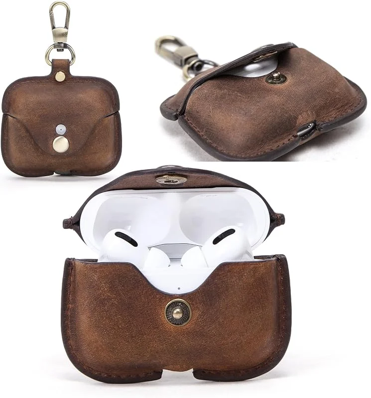 CONTACT'S FAMILY Skyddsfodral för AirPods Pro 2, 1, Bärbart Äkta Läder Hörlurar Fodral Kompatibelt med AirPods Pro 2, 1 med Nyckelkrok (Kaffe) — Mobil och surfplatta