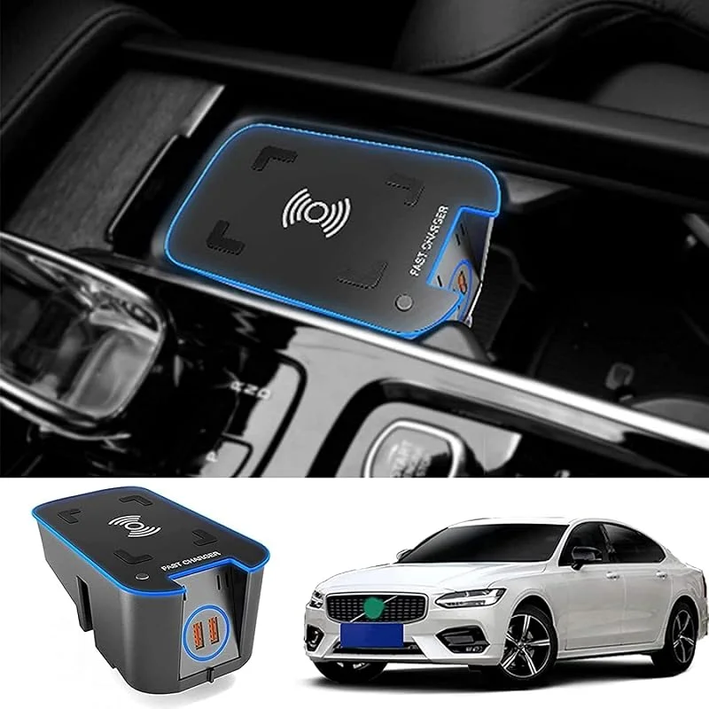 Bil trådlös laddare för Volvo XC90 XC60 V90 V60 S90 S60 2016-2021, mittkonsol telefon trådlös laddningslåda, matta, smartphone snabbladdningspanel pad horisontell interiör tillbehör — Mobil och surfplatta