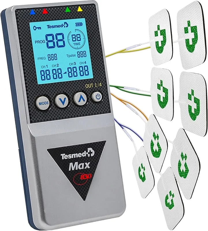 TESMED Max 830: Professionell TENS, EMS, massageapparat med sekventiell stimulering, 4 kanaler, 115 program, varav 20 anpassningsbara, uppladdningsbara, innehåller 20 elektroder — Kök & Hushåll