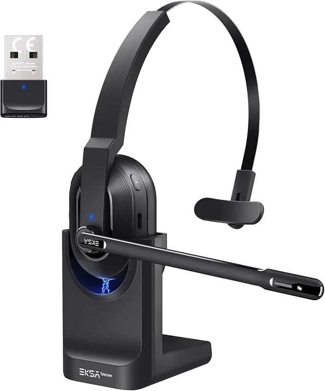 EKSA H5 Bluetooth-headset med mikrofon och USB-dongel [45 timmars uppspelningstid och 10 m räckvidd] PC mono-headset med laddningsstation och brusreducerande AI-mikrofon, trådlöst headset för kontor — Hörlurar och ljud