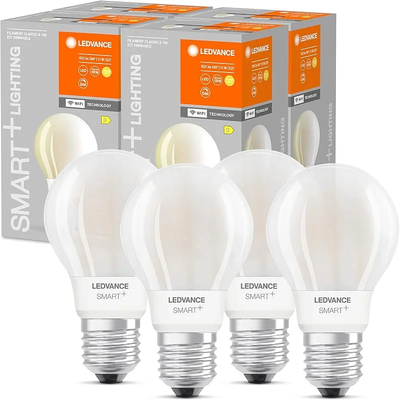 LEDVANCE Smart LED-Lampor med Wifi teknik, E27 sockel, dimbar, varmvitt (2700K), glödlampsform, matt, ersättning för konventionella 75W glödlampor, kontrollerbar med Alexa, google & app, 4-pack — Smarta hem