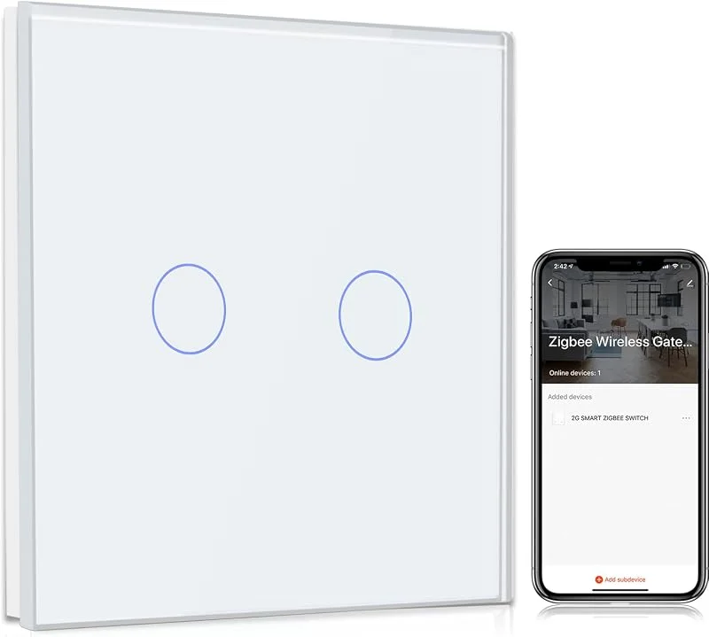 BSEED Smart ZigBee ljusströmbrytare, ZigBee väggströmbrytare kompatibel med Alexa och Google Home, 2-vägs infälld strömbrytare med kristallglaspanel 250 V vit (hub krävs) — Smarta hem