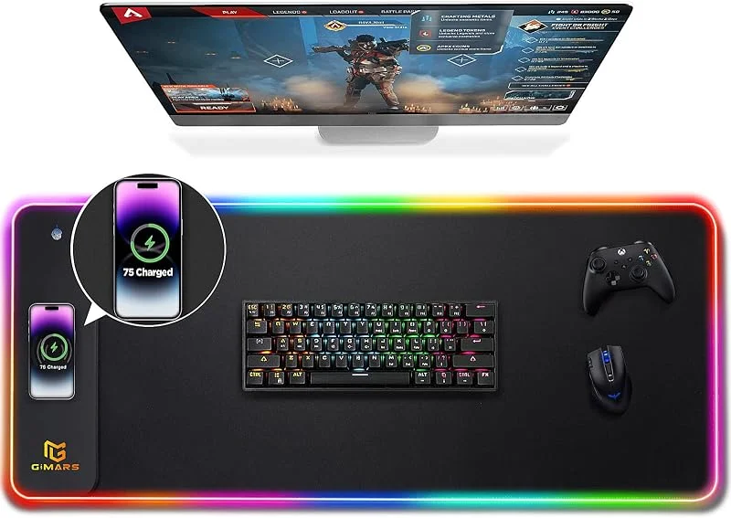 Gimars Uppgraderad RGB Musmatta med 15W Snabbladdning, Stor LED Gaming Musmatta, Slät Yta Premium, Halkfri Musmatta för Gaming, Skrivbord, PC, Kontor — Datortillbehör