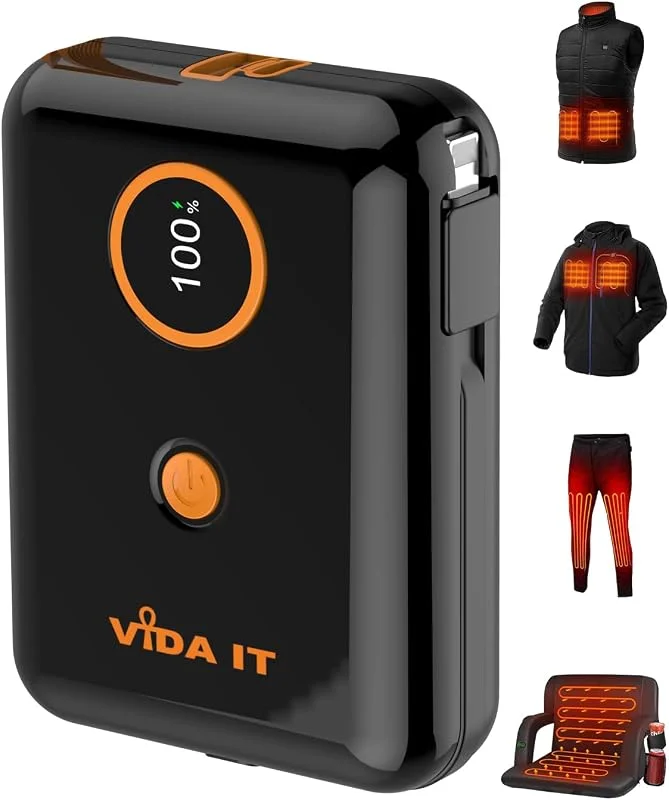 Vida IT 10000mAh Powerbank för Värmeväst Värmejacka 5V, 2A Externt Batteri Mobil Laddare med Inbyggd Kabel för iPhone & Android. LED-Display Portabel USB-Laddaret Bärbar Nyckelring USB-C Batteripake — Mobil och surfplatta