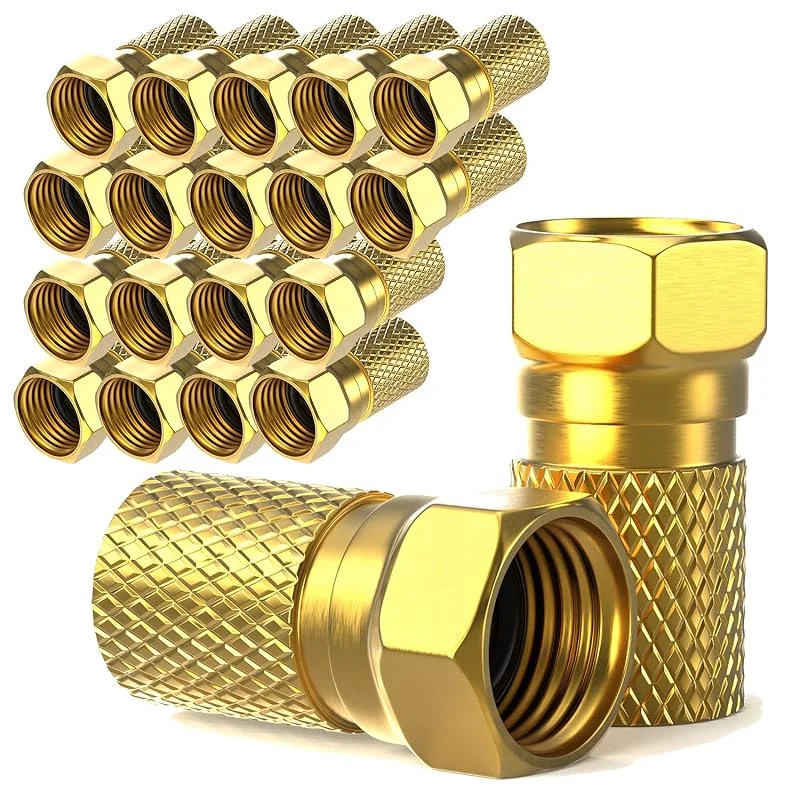 F-kontakt 7 mm skruvbar, 20 stycken förgyllda, gummitätning, bred mutter, för koaxial antennkabel, koax SAT-kabel, BK system, satellit LNB (20 x, F-kontakt guldpläterad) — TV och streaming