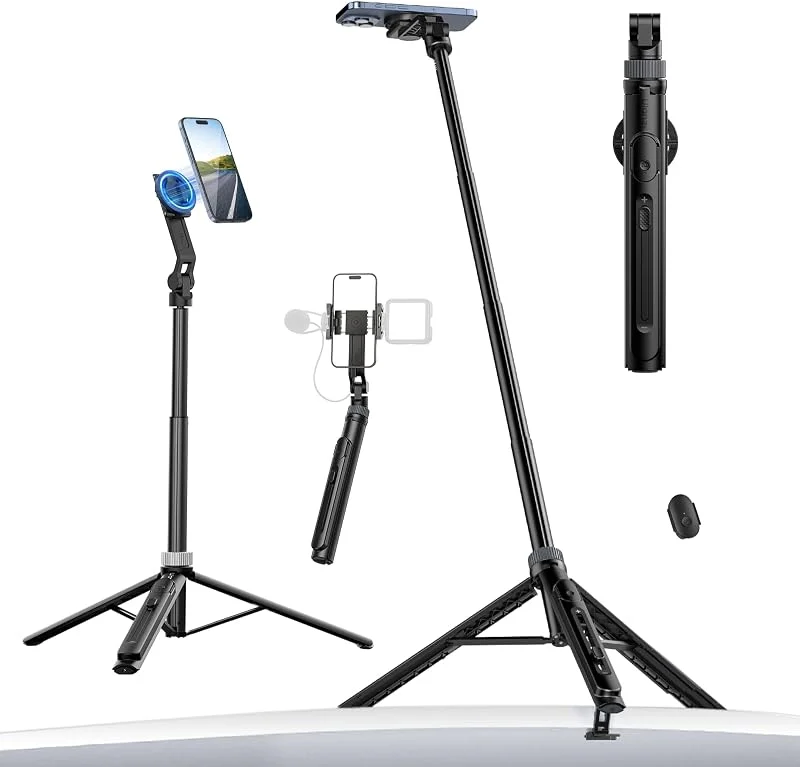 ULANZI Mobiltelefonstativ 145 cm, Magnetisk Selfie Stick med fjärrkontroll, Stativ för Smartphone med 2 i 1 telefonklämma, 2 Kallskofäste Mobiltelefonstativ Kompatibel för iPhone, Samsung (Svart) — Mobil och surfplatta