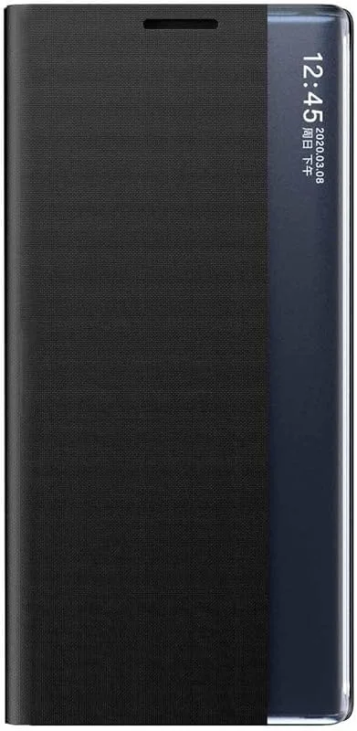 GOKEN Fodral till Samsung Galaxy S22 Ultra 5G, premium PU-läder, PC inre skal flipfodral med spegel klart visningsfönster, smart vy, vikbart ställ telefonskal, svart — Mobil och surfplatta