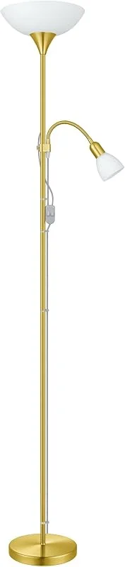 EGLO Golvlampa upp 2, klassisk takstrålkastare med lä tillverkad i stål, glas och plast, vardagsrumsbelysning i vit mässing matt, inkl. strömbrytare, E27 + E14-uttag — Smart belysning
