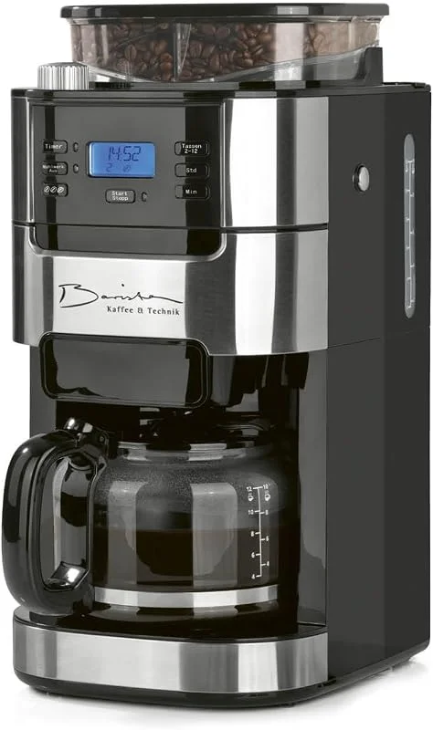 Barista Kaffee & Technik Filterkaffebryggare med justerbar kvarn och glaskanna, varmhållningsfunktion, 24 h timer och permanent filter, För 10 koppar kaffe, kaffemaskin för bönor och pulver — Kök & Hushåll