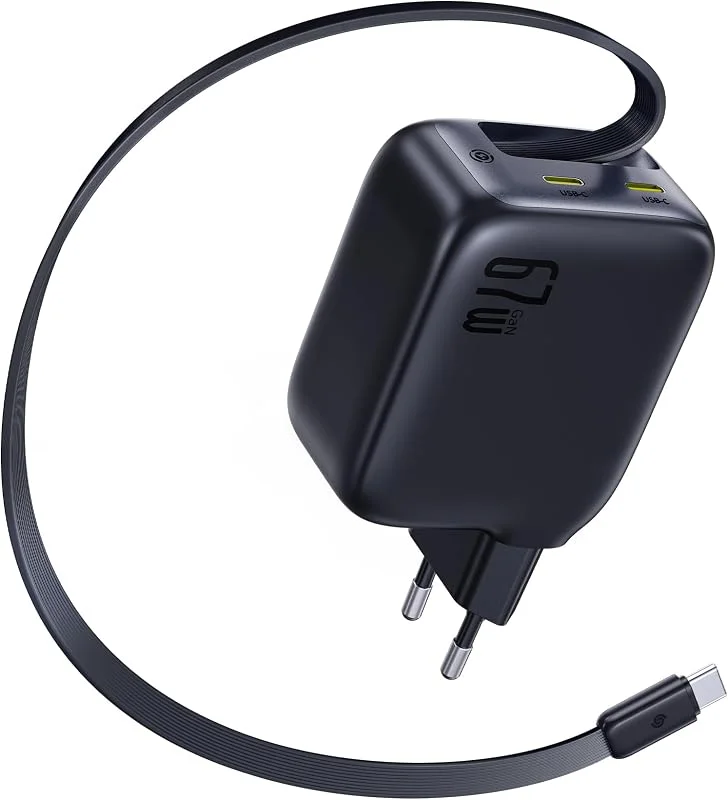 Baseus Enercore USB-C Laddare 67W med Utdragbar Kabel, GaN-Nätadapter med 2×USB-C Portar, Kompakt Snabbladdare Kompatibel med MacBook Pro, Dell, HP, iPad, iPhone 16 Pro, Galaxy S25 — Mobil och surfplatta