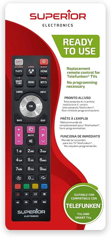 Superior TELEFUNKEN Replacement - Universal Ersättande fjärrkontroll kompatibel med alla TV-apparater och SMART TV-märkesvaror TELEFUNKEN - Redo att använda kräver ingen programmering — TV och streaming