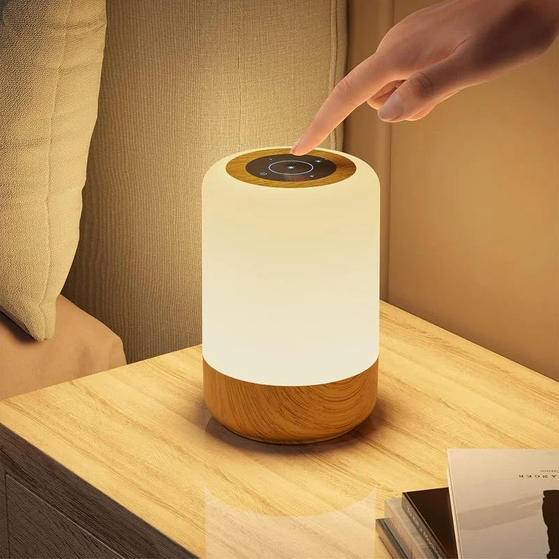 LED-sänglampa Touch-dimbar, bordslampa batteridriven 8 färger och 3 lägen, Wood Grain Night Light Batteri USB-laddning med tidsfunktion för vardagsrummet i sovrummet — Smart belysning