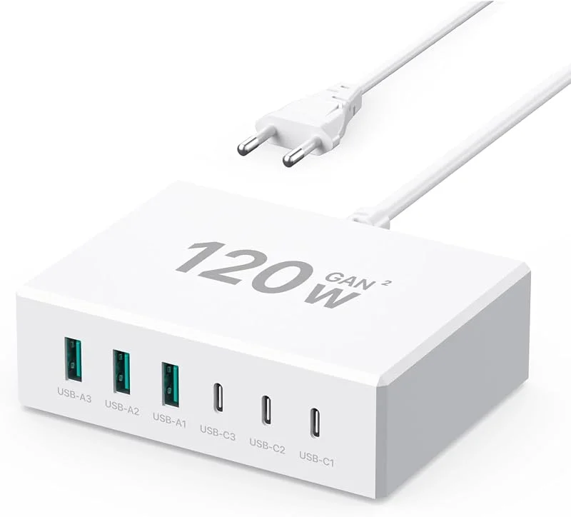 USB C-laddare 120W, flera USB-laddare 【3USB-C + 3USB-A】, Laddningsstation med 6 portar GaN PD 3.0 snabbladdare kompatibel med iPhone, Samsung, Google, surfplatta, mobil kraft och andra USB-enheter (vit) — Mobil och surfplatta