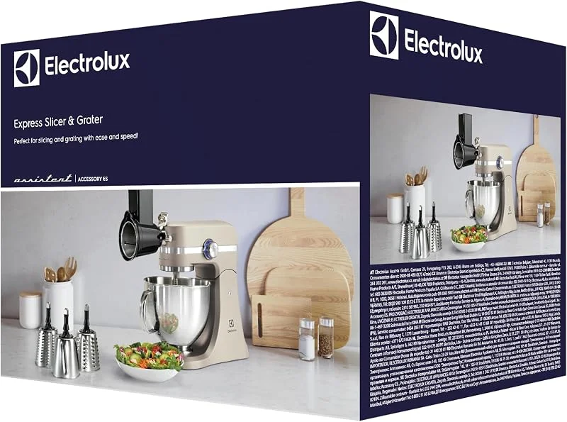 Electrolux Assistent snabbskivare och snabbskärare Modell ACCESSORY ES, Snabbrivaren, snabbskäraren passas enkelt in i skåran på framsidan av din Electrolux Assistent köksmaskin. Fyra rostfria trummor — Kök & Hushåll
