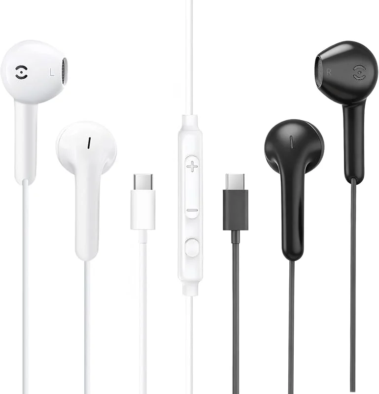 MAS CARNEY 【2 Pack】 USB C-Hörlurar med Kabel TH9, In-Ear Headphones Type C med Mikrofon för iPad Pro, Samsung Galaxy S25 S24 S23 A55 A53, Google Pixel, Huawei, Mi, Oppo, Svart, Vit — Hörlurar och ljud