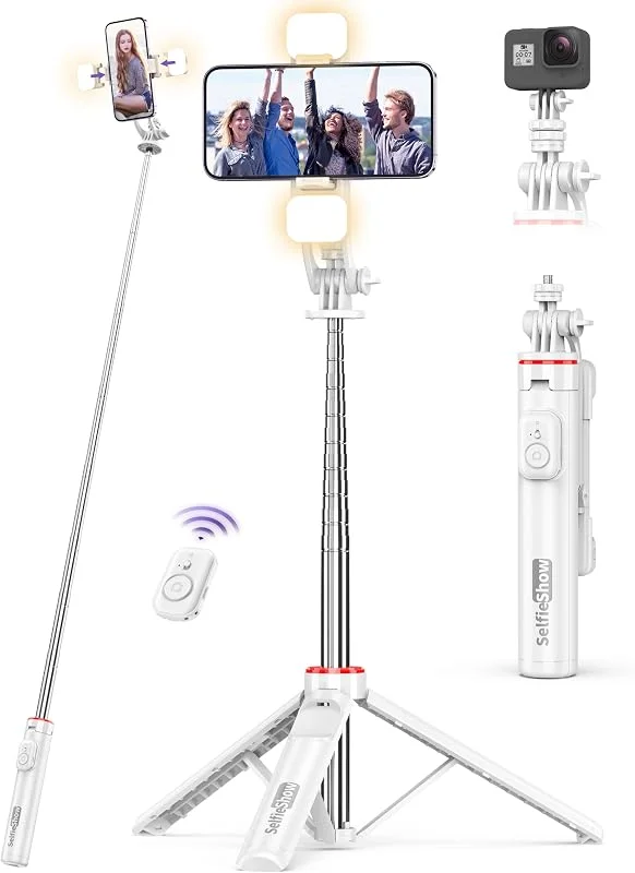 Selfie Stick Tripod med 2 Fill Light, 135 cm utdragbar SelfieStick med avtagbar fjärrkontroll 360° bärbar mobiltelefonhållare Stabil Selfie Stick Stativ för mobiltelefon Kompatibel med iPhone, Android — Mobil och surfplatta