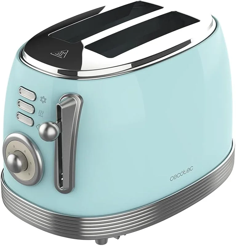 Cecotec Brödrost & knapp 800 vintage ljusblå 850 W, dubbla extra breda korta slitsar på 3, 8 cm, 2 brödskivor, rostfri finish, vintagestil, 3 funktioner, blå — Kök & Hushåll