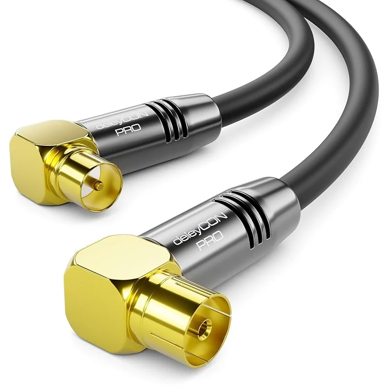 deleyCON 1m 4K TV Antennkabel - 4K Ultra HD Full HD HDTV - 2x Vinklad - Koaxialkabel - IEC-Kontakt (90°) till IEC-Hona (90°) - Metallkontakter - Svart — TV och streaming