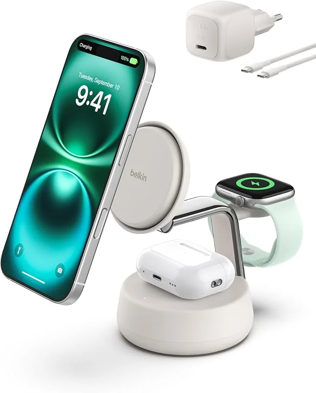 Belkin UltraCharge Pro 25 W 3-i-1 Trådlös Laddningsstation, Qi2.2 - Sand — Mobil och surfplatta