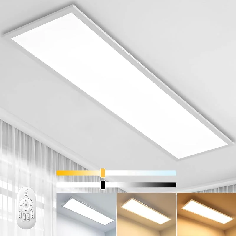 Aimosen Dimbar LED-taklampa, panel, 100 x 25 cm med fjärrkontroll, 28 W, platt taklampa med stark ljusstyrka, 2 700 K - 6 500 K varmvit kallvit dagslju för kontor, verkstad, vardagsrum, kök — Hushållselektronik