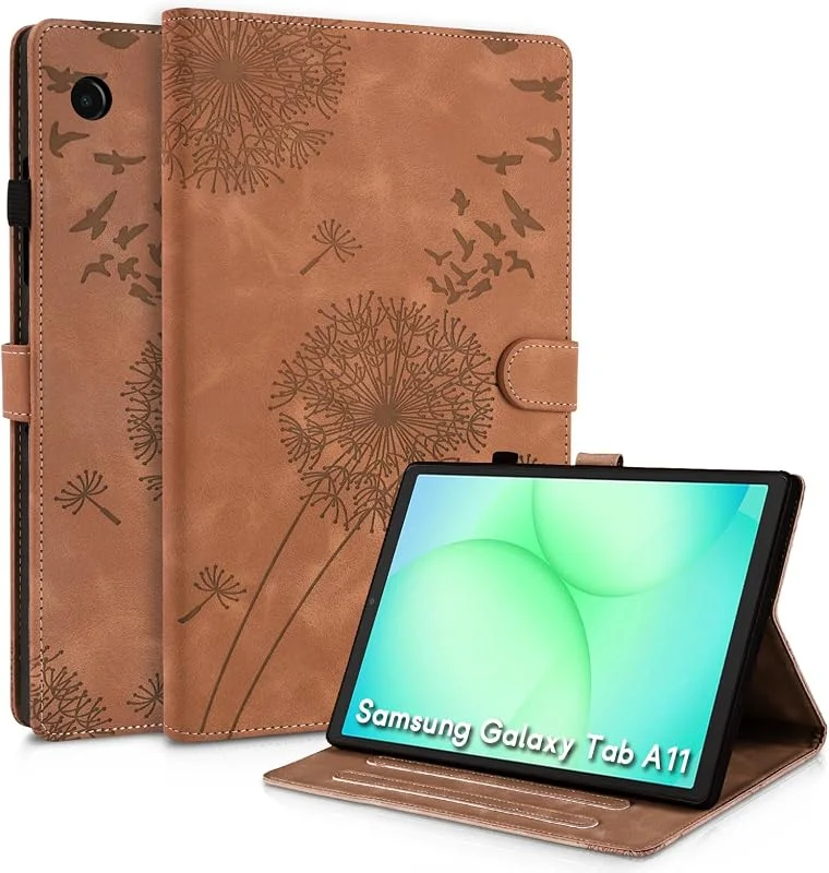 Rostant Fodral för Samsung Galaxy Tab A11 8, 7 tum 2025 SM-X133, SM-X135, PU-läder med stativfunktion och kortplats, maskrosdesign, magnetisk stängning, plånbok kompatibelt med brunt — Mobil och surfplatta