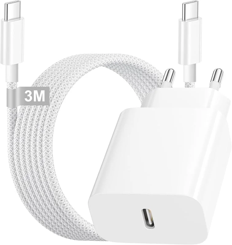 25W USB-C-laddare, Snabbladdare med USB-C och 3M USB-C-kabel för iPhone 17, 17 Pro, 17 Pro Max, 17 Air, iPhone 16, 15 Pro Max, Plus, iPad, Galaxy S25, S24, S23, Snabbladdningskabel med USB-C och Nätadap — Mobil och surfplatta