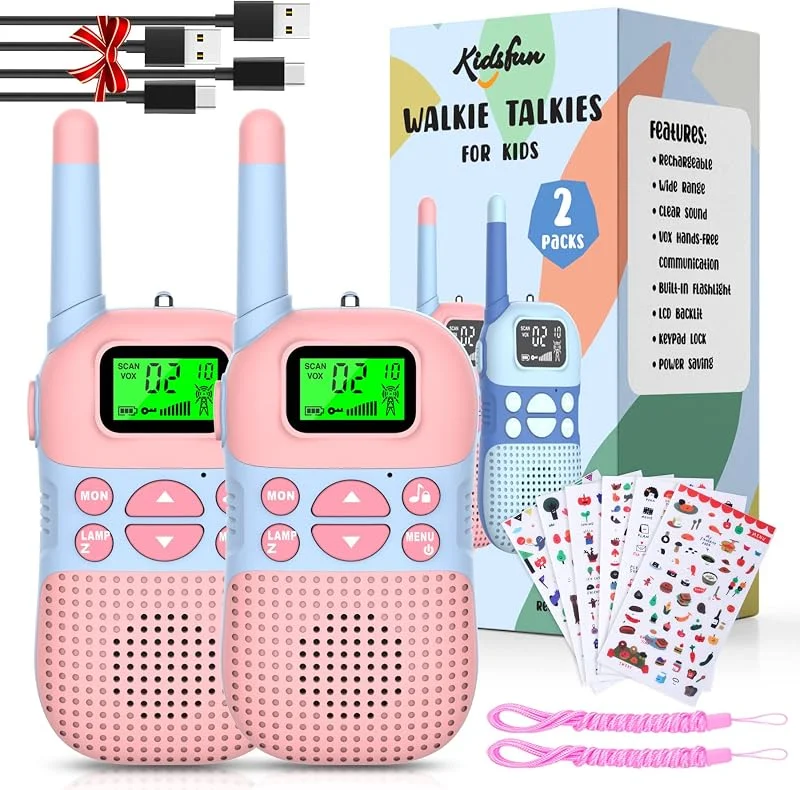 Kidsfun 2 × Walkie Talkie barn, USB-uppladdningsbar utomhusleksak Walki Talki med ficklampa, present till pojkar och flickor från 3 år, 3 mil räckvidd för shopping, utomhus, camping. — Portabel digital och ljud