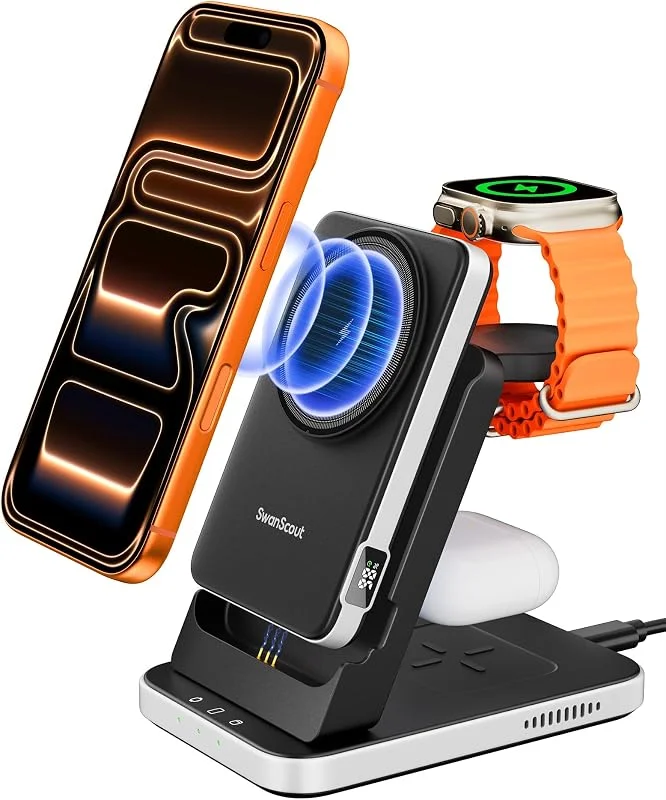 SwanScout Magnetisk Trådlös laddare för i-Phone, 5000mAh Power Bank Kompatibel med MagSafe, 3 i 1 Laddningsstation för i-Phone 17, 16, 15, 14, 13, 12, Laddningsstativ för Apple Watch, AirPods, No Adapter — Mobil och surfplatta