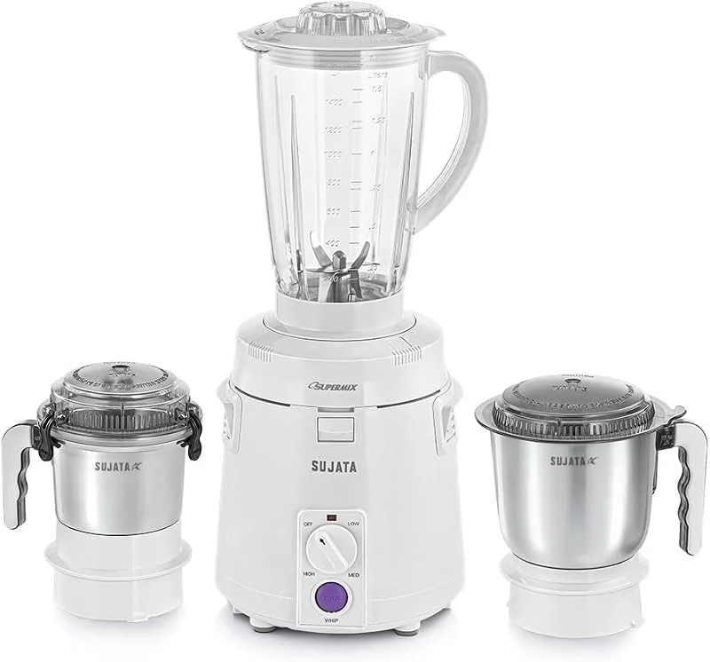 Sujata Supermix Mixer Grinder, 900 Watts Double Ball Bearing Motor, 22000 RPM, Non-Stop 90 Mins Running, 3 Jars including 1750ml Blender, 1000ml Grinder, 500ml Chutney Jar, (White) — Kök & Hushåll