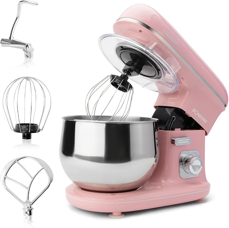 Bomann® Retro köksmaskin för bakning, knådningsmaskin 5 l med stark 1 100 W motor, degmaskin inkl. krok och visp, retro degknådningsmaskin, stänkskydd med påfyllningsöppning – KM 6030 CB rosa — Kök & Hushåll