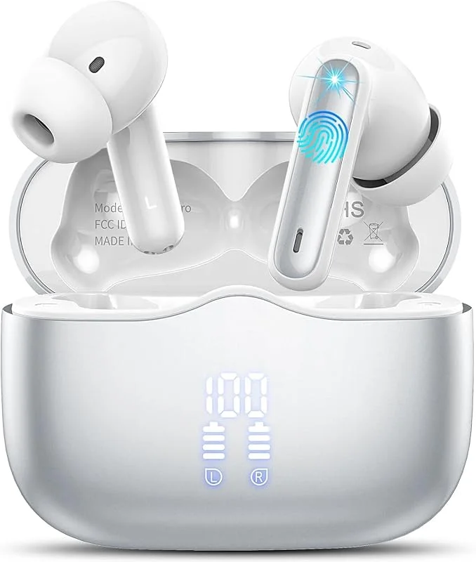 Trådlös öronsnäcka, Bluetooth-hörlurar 5.4 med 4 ENC Brusreducerande Mikrofon, Hörlurar Bluetooth med Djupare Bas, trådlösa hörlurar 40 H, IP7 Vattentäta Hörlurar med LED-display, Silver — Hörlurar och ljud