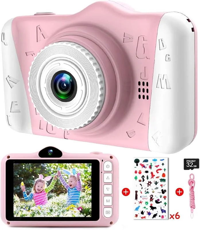 Barnkamera – digitalkamera för barn med 3, 5 tum stor skärm 1080 P HD 12 MP inbyggt 32 GB SD-kort USB uppladdningsbar selfiekamera för flickor pojkar födelsedag jul nyår gåvor barn leksaker rosa — Portabel digital och ljud