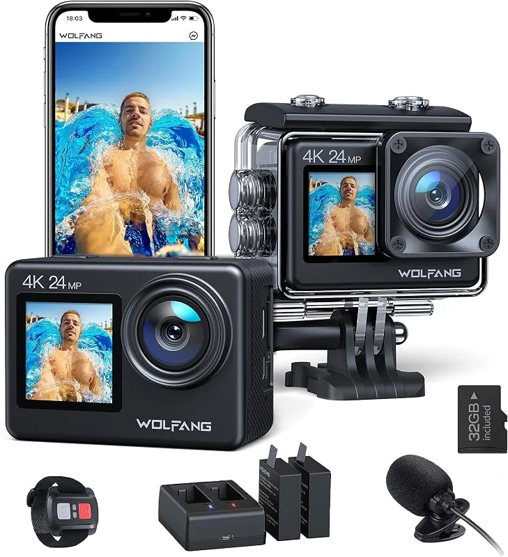 WOLFANG GA200 Actionkamera 4K 24 MP, undervattenskamera, WiFi, vattentät till 40 m, EIS, bildstabilisator, pekskärm, 170° vidvinkel (med laddare, fjärrkontroll, 2 batterier och tillbehör) — Portabel digital och ljud