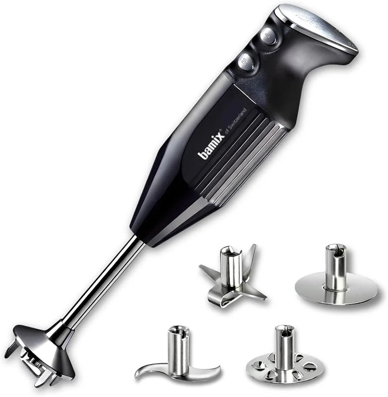 bamix stavmixer set M350 MAXX inkl. multifunktionskniv, Kött- och grönsakskniv, Visp, Slagskiva av rostfritt stål, 350 watt, 2 hastigheter, Made in Switzerland, Svart, krom — Kök & Hushåll