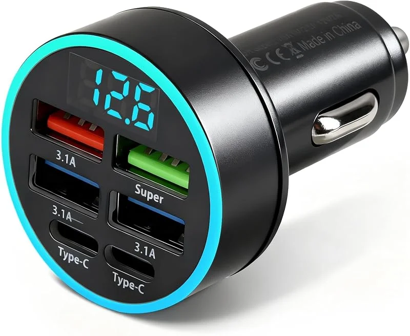 66 W USB C cigarettändare laddare 6 portar med LED voltmeter, multikontakt snabbladdare 12 V 3, 1A, kan anslutas till typ-C, lämplig för Android, Apple, Samsung, datorer — Mobil och surfplatta