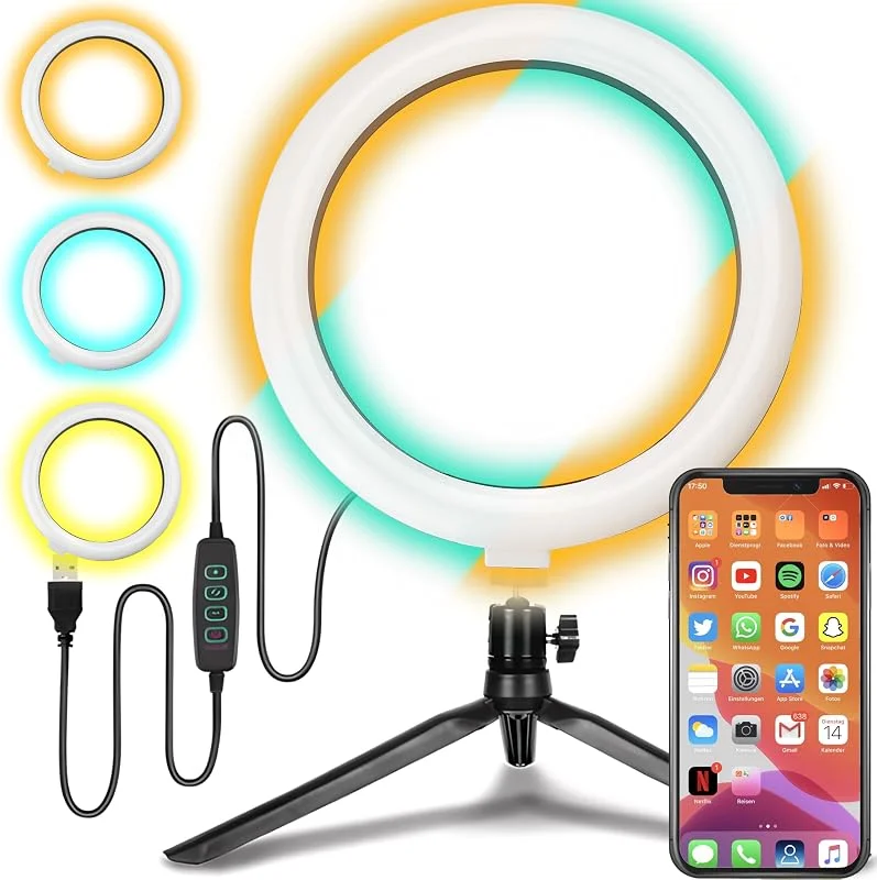 Retoo Selfie Ringljus Med 14 Cm Stativ För Mobiltelefon - Fjärrkontroll, 3 Färger, 7 W LED, USB Uppladdningsbar, 10 Ljusstyrkenivåer - För Make-Up, YouTube-Video — Mobil och surfplatta