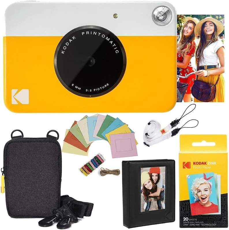 KODAK Printomatic Instant Camera (gul) deluxe paket + ZINK papper (20 ark) + deluxe fodral + fotoalbum + hängande ramar — Portabel digital och ljud