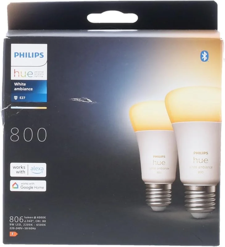 Philips Hue White Ambiance E27 6W smart LEDlampa (2pack), belysning för smart hem dimbar med röststyrning, Bluetooth, Zigbee, varmt till kallt ljus 2200–6500K, kompatibel med Alexa, Google & Siri — Smart belysning