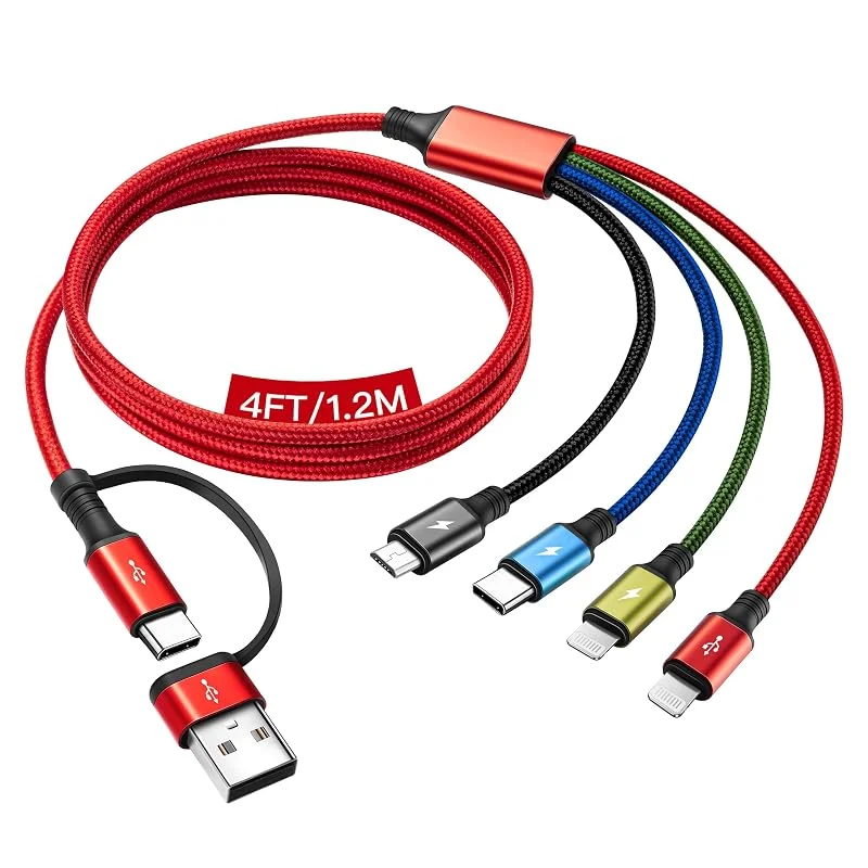 Minlu Multi USB-kabel, multiladdningskabel 4-i-2, universell laddkabel med dataöverföring [3, 5 A 1, 2 m] laddningskabel snabbladdningskabel USB A, C till typ C, Lightning, Micro USB för iPhone, Android — Mobil och surfplatta