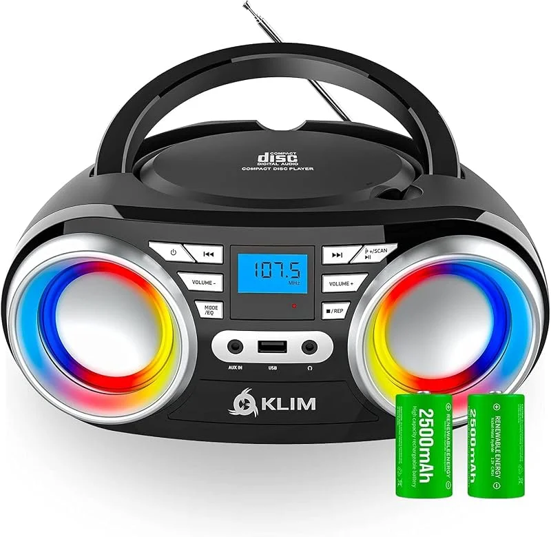 KLIM Boombox B3 + bärbar CD-radiostation + FM-radio, CD, Bluetooth, USB, Bluetooth, MP3 + Trådbundet och trådlöst läge med uppladdningsbara batterier + förbättrad laserlins + ny 2022 — Portabel digital och ljud