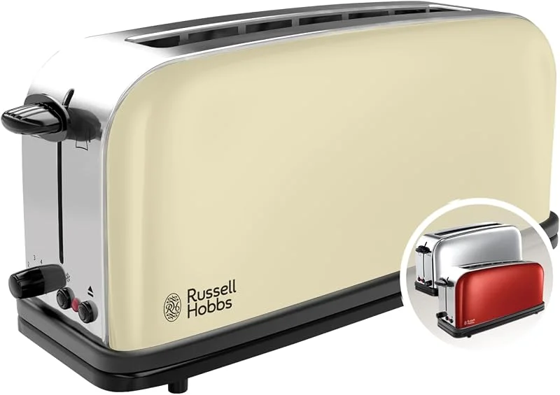 Russell Hobbs Colours Plus brödrost, långt fack för 2 skivor, 1000W, extra brett fack, uppvärmningsgaller, justerbar rostningsgrad, upptiningsfunktion, cremefärgad, 21391-56 — Kök & Hushåll