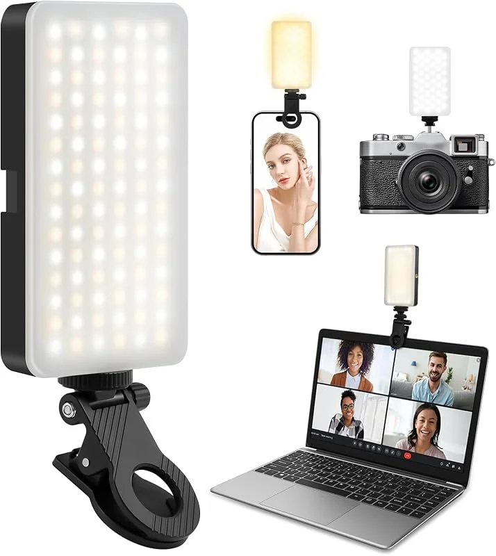 LOPHE 90 LED-videoljus, selfie ljus 3 ljuslägen och 9 ljusstyrka, 2 700 K–6 500 K mobiltelefon ljus med klämma, uppladdningsbar, bärbar kameralampa för telefon, dator, samtal, fotografering — Mobil och surfplatta