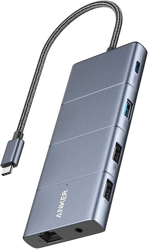 Anker 565 11-i-1 USB-C Hub, dockningsstation med 10 Gbps USB-C & USB-A dataportar, 4K HDMI, DisplayPort, 100W PD, 2 USB 2.0 Data, Ethernet, AUX, microSD & SD, för MacBook Pro och mer — Laddning och kablar