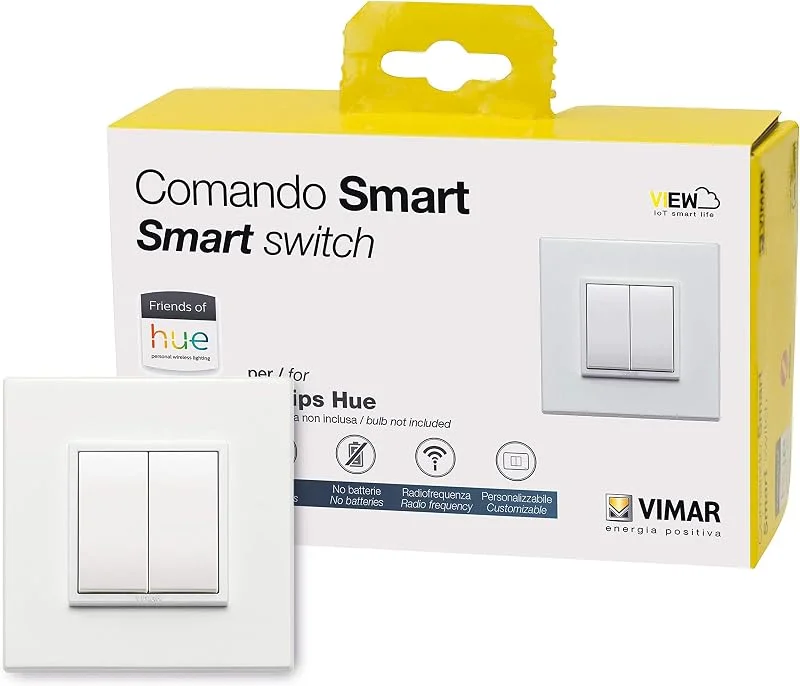 VIMAR 0K03906.03 Eikon Evo Friends of Hue Smart Switch Kit, Trådlös ljusströmbrytare utan batteri, dimmer brytarsats innehåller dubbel täckplatta, monteringsram, strömbrytare och 2 knappar — Smarta hem