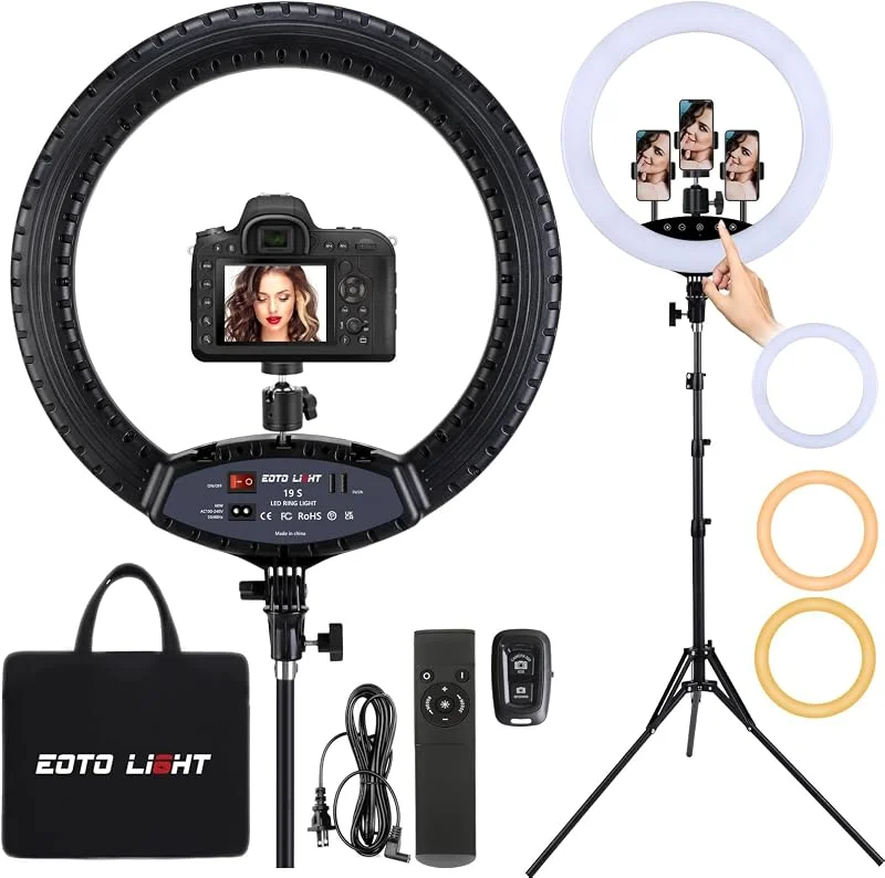 EOTO LIGHT 19 tum LED-ringlampa med stativstativ, ringlampa med pekpanel för smink studioporträtt YouTube Vlog videoinspelning med fjärrkontroll, CRI>97 — Mobil och surfplatta