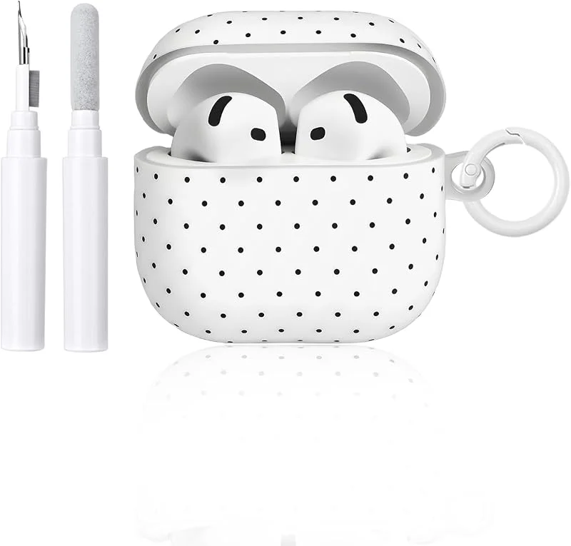 Reownest-fodral för AirPods 4 med rengöringskit, sött prickigt mönster i estetisk design för tjejer och kvinnor, stöttåligt fodral med nyckelring för AirPods 4:e generationen – Vit — Mobil och surfplatta