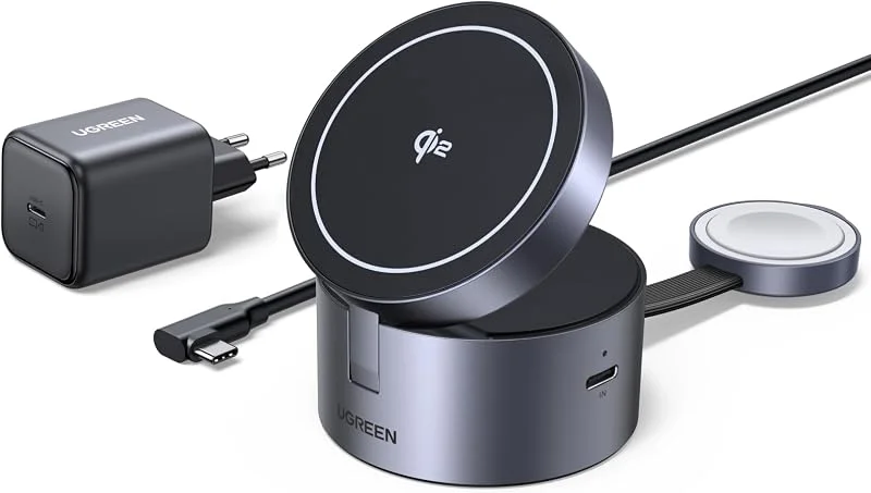 UGREEN MagFlow Qi2 15W 3-i-1 magnetisk trådlös laddare med MagSafe — Mobil och surfplatta